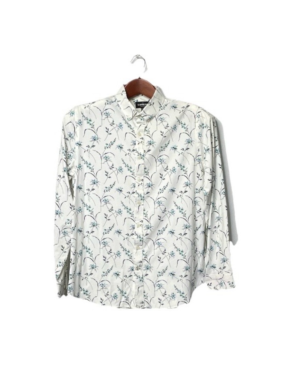 Express White Button-Down Shirt with Blue Floral Print